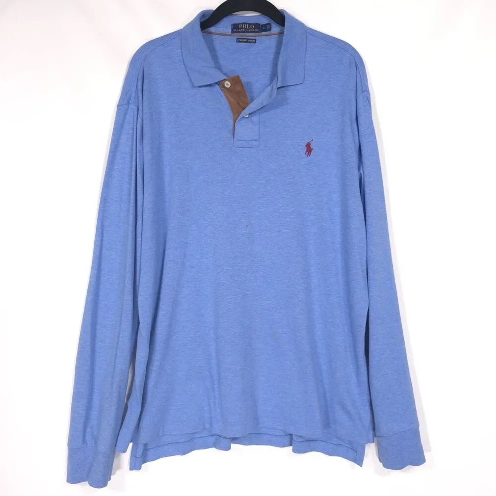 POLO RALPH LAUREN Pima Soft Touch Long Sleeve Blue Polo Shirt LARGE Suede Detail